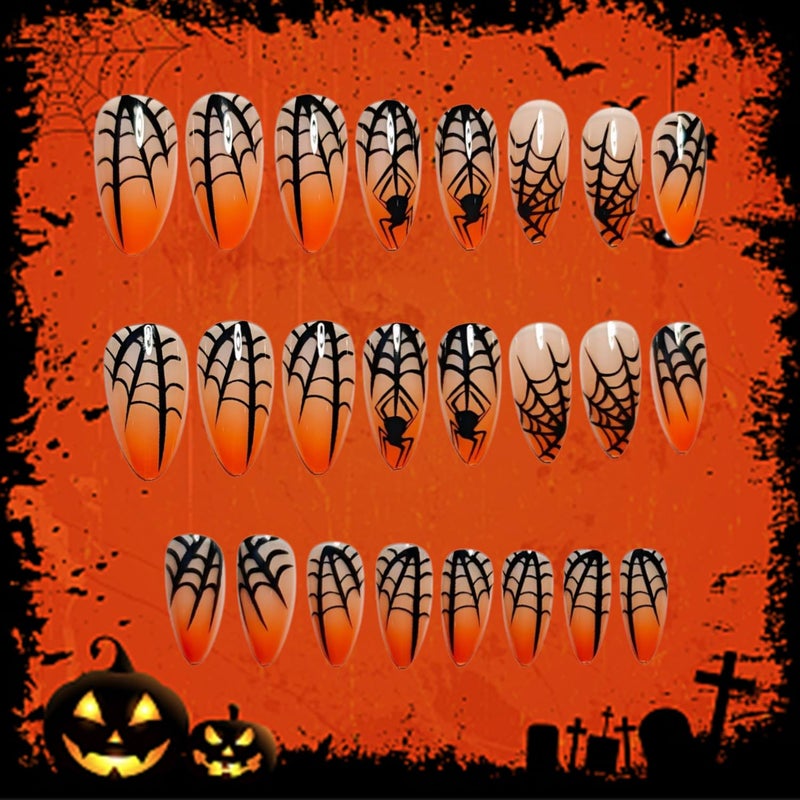TBRZTR Hallowen Press on Nails Medium Almond Spider Web False Nail Full Cover Glossy Acrylic Artificial Fingernails Spider Pattern Halloween Nail Orange Gradient Press Ons Festival Stick on Nails for Women - Image 3